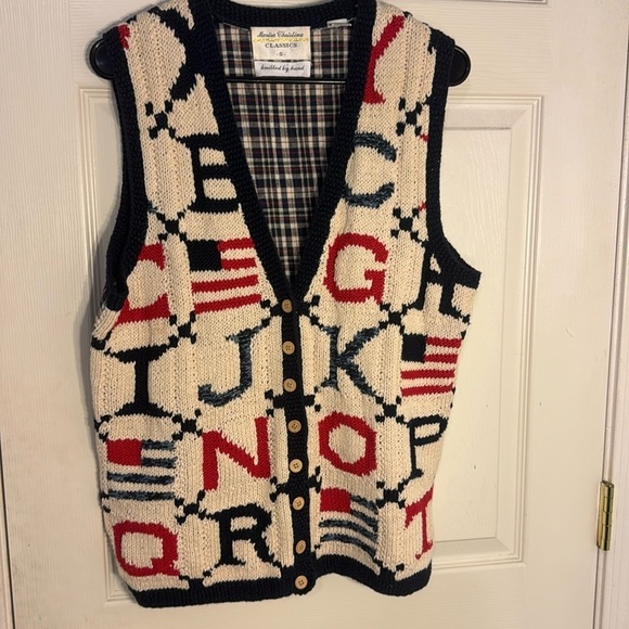 Vintage Marisa Christina Hand Knit Alphabet American Flag Sweater TeacherVest  S - Picture 1 of 10